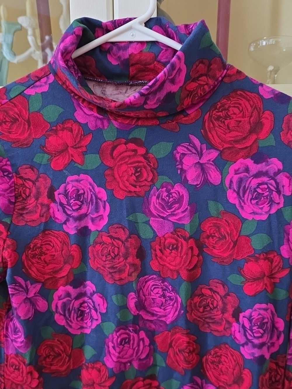 Talbots Navy Turtleneck with Red & Pink Rose Print